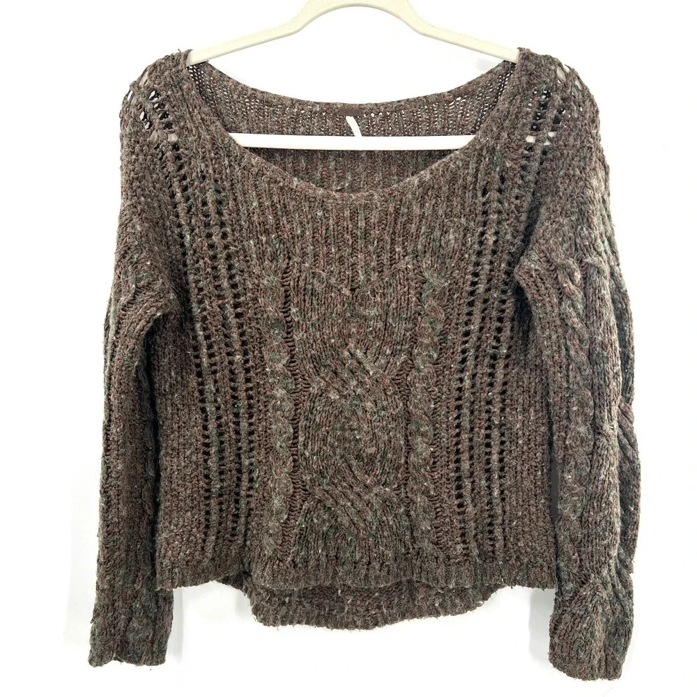Free People loose cable knit boatneck goblincore fairycore boho sweater forest S - Picture 10 of 10